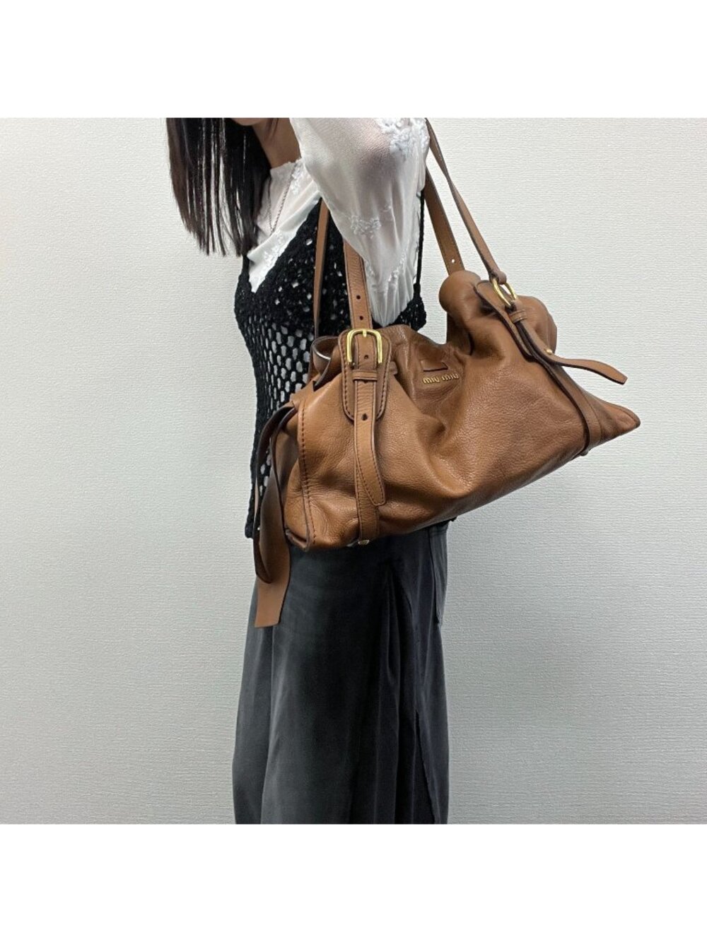 Miu Miu Side Ribbon Logo Belt Handle Shoulder Bag Leather Camel Gold Vintage